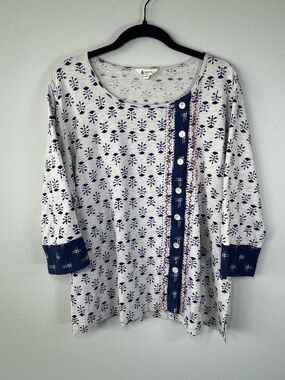 MarketPlace Handwork India Asymmetrical Button Accent Blouse Navy Cotton Boho Lg